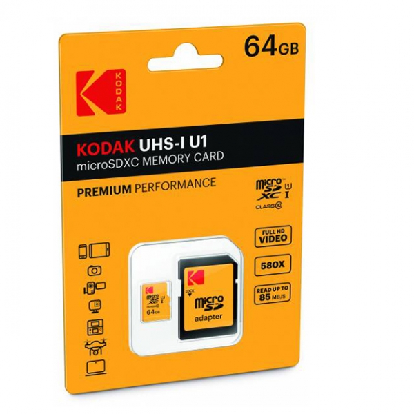 Memory Card microSD KODAK UHS-I U1 PREMIUM PERFORMANCE 64GB CLASS 10 with adapter V10 A1 | cooee.gr